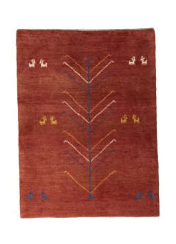 Full view of New Persian Gabbeh rug from Iran / Persia, 115 × 85 cm in Red tones