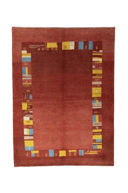 Full view of New Persian Gabbeh rug from Iran / Persia, 228 × 170 cm in Red tones