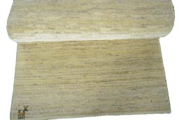 Full view of New Persian Gabbeh rug from Iran / Persia, 139 × 69 cm in Beige tones