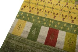 Backside of handmade New Persian Gabbeh rug showing knot structure and weave density