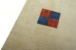 Backside of handmade New Persian Gabbeh rug showing knot structure and weave density