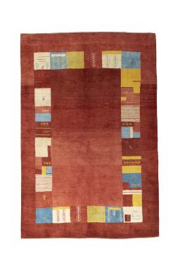 Full view of New Persian Gabbeh rug from Iran / Persia, 250 × 167 cm in Red tones