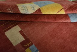 Full view of New Persian Gabbeh rug from Iran / Persia, 250 × 167 cm in Red tones