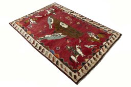 Corner detail of 2000s Persian Gabbeh rug showing border pattern and Wool pile