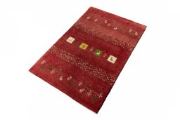 Corner detail of New Persian Gabbeh rug showing border pattern and Wool pile