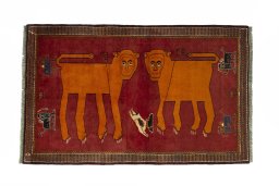 Full view of 2000s Persian Gabbeh rug from Iran / Persia, 200 × 125 cm in Red tones