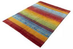 Corner detail of New Persian Gabbeh rug showing border pattern and Wool pile