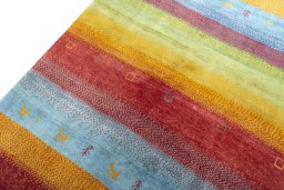 Backside of handmade New Persian Gabbeh rug showing knot structure and weave density