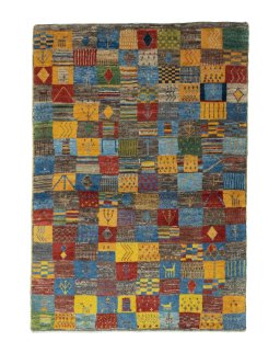 Full view of New Persian Gabbeh rug from Iran / Persia, 145 × 103 cm in Multi Color tones