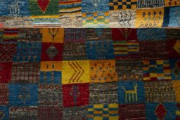 Full view of New Persian Gabbeh rug from Iran / Persia, 145 × 103 cm in Multi Color tones