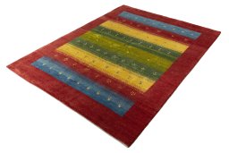 Corner detail of New Persian Gabbeh rug showing border pattern and Wool pile