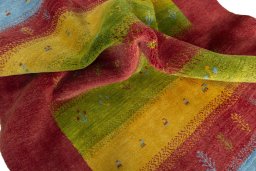 Corner detail of New Persian Gabbeh rug showing border pattern and Wool pile