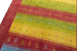 Backside of handmade New Persian Gabbeh rug showing knot structure and weave density