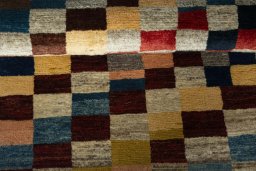 Full view of 2000s Persian Gabbeh rug from Iran / Persia, 152 × 82 cm in Multi Color tones