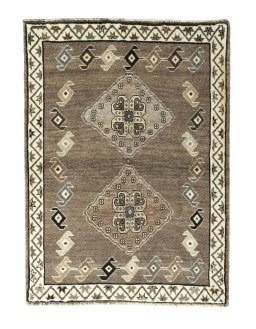 Full view of 2000s Persian Gabbeh rug from Iran / Persia, 142 × 105 cm in Gray tones