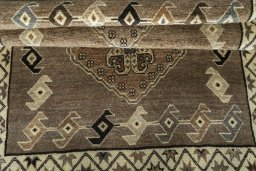 Full view of 2000s Persian Gabbeh rug from Iran / Persia, 142 × 105 cm in Gray tones