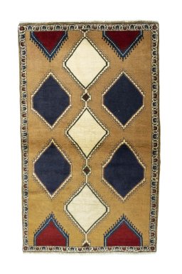 Full view of 2000s Persian Gabbeh rug from Iran / Persia, 170 × 100 cm in Beige tones