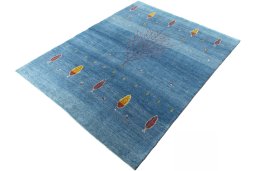 Corner detail of New Persian Gabbeh rug showing border pattern and Wool pile
