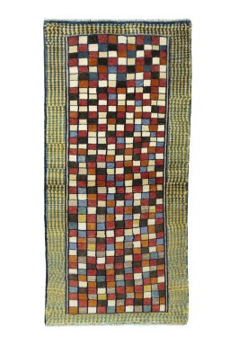 Full view of 2000s Persian Gabbeh rug from Iran / Persia, 170 × 83 cm in Multi Color tones
