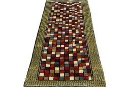 Surface texture of 2000s Persian Gabbeh rug with natural Wool and intricate pattern