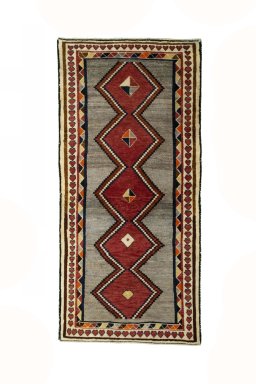 Full view of 2000s Persian Gabbeh rug from Iran / Persia, 195 × 94 cm in Gray tones