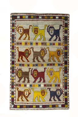 Full view of 2000s Persian Gabbeh rug from Iran / Persia, 180 × 110 cm in Multi Color tones