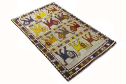 Close-up detail of 2000s Persian Gabbeh rug from Iran / Persia showing Wool weave