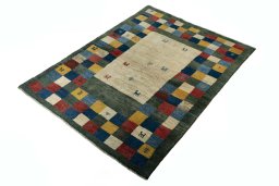 Corner detail of New Persian Gabbeh rug showing border pattern and Wool pile