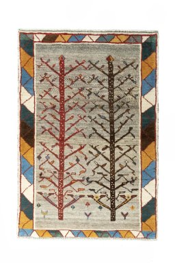 Full view of 2000s Persian Gabbeh rug from Iran / Persia, 150 × 102 cm in Multi Color tones