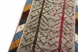 Backside of handmade 2000s Persian Gabbeh rug showing knot structure and weave density