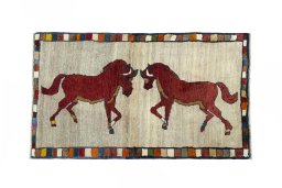 Full view of 2000s Persian Gabbeh rug from Iran / Persia, 152 × 90 cm in Beige tones