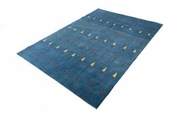 Corner detail of New Persian Gabbeh rug showing border pattern and Wool pile