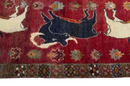 Close-up detail of 2000s Persian Gabbeh rug from Iran / Persia showing Wool weave