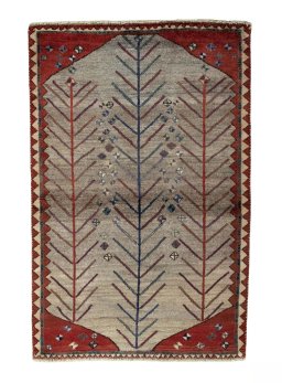 Full view of 2000s Persian Gabbeh rug from Iran / Persia, 150 × 100 cm in Beige tones