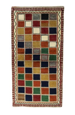 Full view of 2000s Persian Gabbeh rug from Iran / Persia, 212 × 111 cm in Multi Color tones