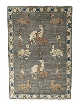 Full view of 2000s Persian Gabbeh rug from Iran / Persia, 213 × 149 cm in Gray tones