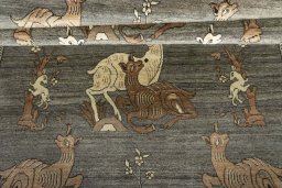 Full view of 2000s Persian Gabbeh rug from Iran / Persia, 213 × 149 cm in Gray tones