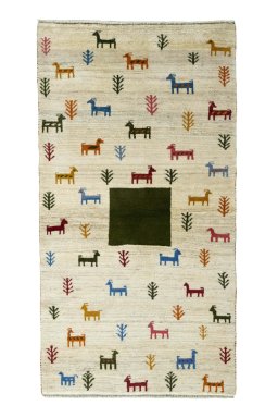 Full view of 2000s Persian Gabbeh rug from Iran / Persia, 200 × 105 cm in Beige tones