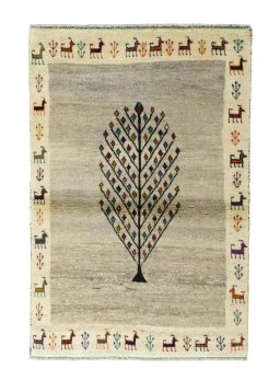 Full view of 2000s Persian Gabbeh rug from Iran / Persia, 150 × 101 cm in Beige tones