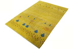 Corner detail of New Persian Gabbeh rug showing border pattern and Wool pile