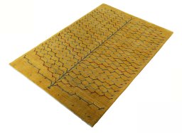 Corner detail of New Persian Gabbeh rug showing border pattern and Wool pile