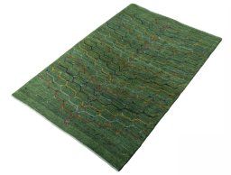 Corner detail of New Persian Gabbeh rug showing border pattern and Wool pile