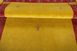 Full view of New Persian Gabbeh rug from Iran / Persia, 210 × 150 cm in Yellow tones
