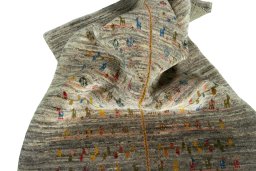 Corner detail of New Persian Gabbeh rug showing border pattern and Wool pile