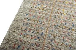 Backside of handmade New Persian Gabbeh rug showing knot structure and weave density