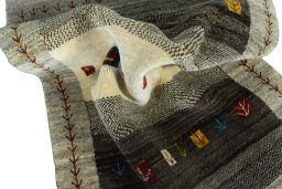 Corner detail of New Persian Gabbeh rug showing border pattern and Wool pile