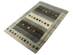 Corner detail of New Persian Gabbeh rug showing border pattern and Wool pile