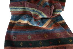 Corner detail of New Persian Gabbeh rug showing border pattern and Wool pile