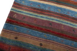 Backside of handmade New Persian Gabbeh rug showing knot structure and weave density
