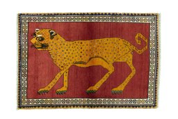 Full view of 2000s Persian Gabbeh rug from Iran / Persia, 155 × 107 cm in Red tones
